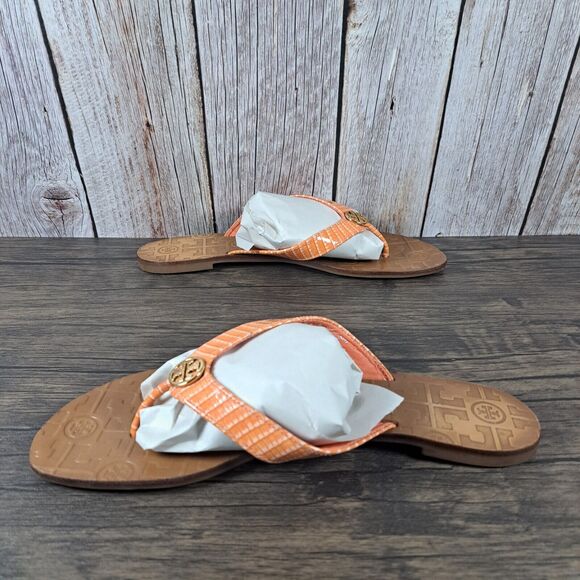 Tory Burch Thora Flip Flop Sandals Women's Sz 9 M Orange Patent Gold Logo - Picture 5 of 9